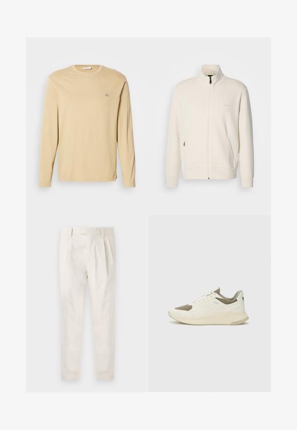 Off-white zip-up jacket with stand collar, long sleeves, side pockets, and subtle "BOSS" logo on the left chest.; Beige long-sleeve crewneck shirt with small embroidered logo on upper left chest, displayed on plain white background.; White, pleated trousers with a tailored fit, featuring a smooth texture, belt loops, and tapered legs. No visible pockets or patterns.; White and light beige athletic sneaker, featuring a mesh upper, perforated detailing, and a textured midsole with branding on the heel.