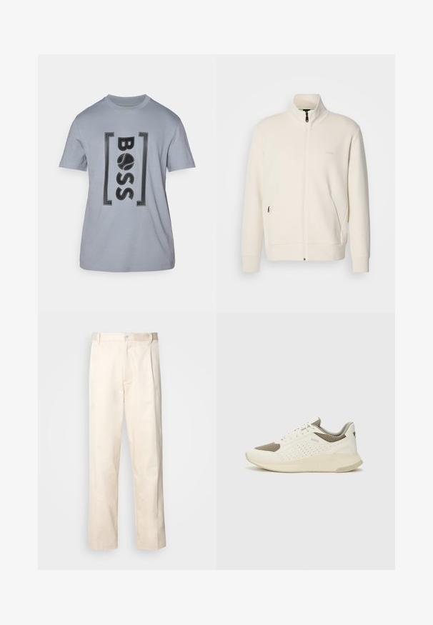 Off-white krūškurvja jaka ar uzacīšu apkakli, garām piedurknēm, sānu kabatām un diskrētu "BOSS" logo uz kreisā krūškurvja.; Gaišas pelēks kokvilnas T-krekls ar melnu logo "BOSS", kas ietverts taisnstūra dizainā. Īsās piedurknes un klasiskā apaļā kakla izgriezums.; Bežā krāsā auduma bikses ar taisnu kāju griezumu, pievienotām pogu aizdares un priekšējiem krokām papildu detaļām.; Baltas un gaiši bež sporta apavi, ar sieta augšdaļu, perforētiem detaļām un teksturētu vidusdaļu ar zīmolu uz papēža.