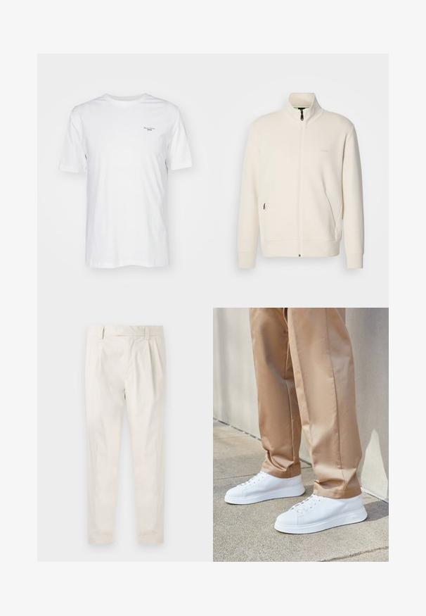 Hosszú ujjú, álló galléros, krémfehér cipzáras dzseki, oldalsó zsebekkel és diszkrét "BOSS" logóval a bal mellrészen.; Fehér pamut póló kerek nyakú, rövid ujjal és egy kis nyomott logóval a bal mellső részen. Puha tapintású, standard fazonú.; Fehér, pliszírozott nadrág, testre szabott szabással, sima felülettel, övhurkokkal és karcsú lábszárral. Nincs látható zseb vagy minta.; Fehér bőr sportcipők sima felülettel, kerek orral, fehér fűzőkkel és minimalista dizájnnal. Világos barna, kicsípett nadrággal viselve.