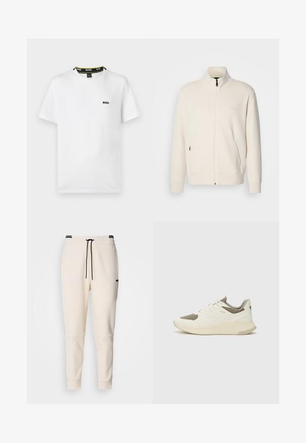 Jachetă crem cu fermoar, cu guler înalt, mâneci lungi, buzunare laterale și logo-ul subtil "BOSS" pe pieptul stâng.; Tricou alb din bumbac, cu guler rotund, având o banda cu logo negru și verde, și un mic logo "BOSS" negru pe piept.; Pantaloni jogger de culoare crem, cu talie elastică și șnur, accente negre, picioare conice și buzunare laterale.; Tenis sportivi alb și bej deschis, cu un înveliș din plasă, detalii perforate și o talpă intermediară texturată, având marcaj pe călcâi.