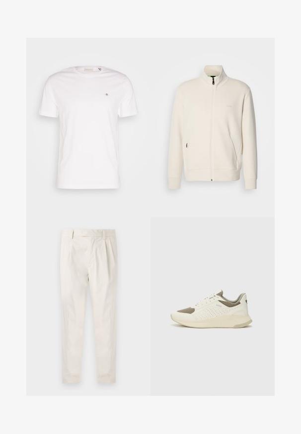 Veste zippée beige clair avec col montant, manches longues, poches latérales et logo "BOSS" discret sur la poitrine gauche.; T-shirt en coton blanc avec un col rond, des manches courtes et un petit logo brodé sur la poitrine. Texture douce, design simple.; Pantalons blancs plissés avec une coupe ajustée, dotés d'une texture lisse, de passants de ceinture et de jambes fuselées. Pas de poches visibles ni de motifs.; Basket de sport blanche et beige clair, avec une tige en maille, des détails perforés et une semelle intermédiaire texturée avec un logo sur le talon.