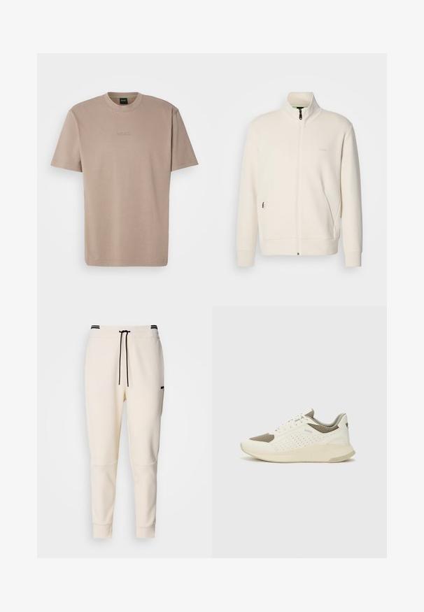 Jachetă crem cu fermoar, cu guler înalt, mâneci lungi, buzunare laterale și logo-ul subtil "BOSS" pe pieptul stâng.; Tricou bej cu mânecă scurtă din bumbac moale, cu guler rotund, având un logo brodat "BOSS" pe piept.; Pantaloni jogger de culoare crem, cu talie elastică și șnur, accente negre, picioare conice și buzunare laterale.; Tenis sportivi alb și bej deschis, cu un înveliș din plasă, detalii perforate și o talpă intermediară texturată, având marcaj pe călcâi.