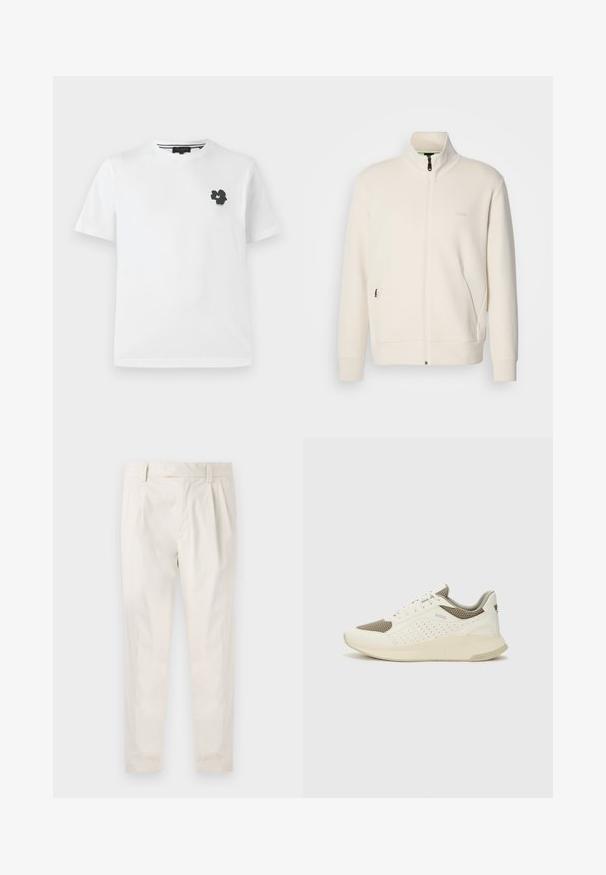 Off-white zip-up jacka med ståkrage, långa ärmar, sidofickor och subtil "BOSS"-logotyp på vänster bröst.; Vit bomull T-shirt med v-ringning, försedd med en liten svart blommig grafik på vänster bröstområde. Korta ärmar med en avslappnad passform.; Vita, plisserade byxor med skräddarsydd passform, med en mjuk yta, bälteshängare och avsmalnande ben. Inga synliga fickor eller mönster.; Vit och ljusbeige atletisk sneaker med ett meshöverdrag, perforerade detaljer och en texturerad mellansula med varumärke på hälen.
