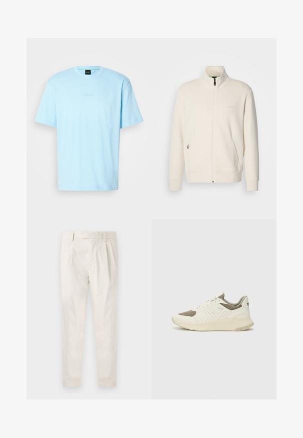 Off-white zip-up jakke med stående krage, lange ermer, sidelommer og diskré "BOSS" logo på venstre bryst.; Lyseblå kortermet T-skjorte med rund hals og subtilt preget "BOSS"-logo på brystet, samt et svart merke i halslinningen.; Hvite, pregede bukser med skreddersydd passform, som har en jevn tekstur, beltehemper og avsmalnende ben. Ingen synlige lommer eller mønstre.; Hvit og lysebeige treningssko, med en mesh-overdel, perforerte detaljer og en teksturert mellomsåle med merkevare på hælen.