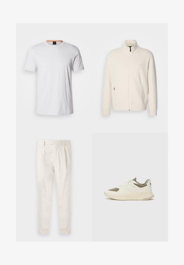 Oficialiai balta zip-up striukė su stovinčia apykakle, ilgomis rankovėmis, šoninėmis kišenėmis ir subtiliu "BOSS" logotipu kairėje krūtinės pusėje.; Balta trumpa rankovėmis marškinėliai, pagaminti iš minkštos medvilnės, su apvalia iškirpte ir subtiliu logotipo elementu tos pačios baltos spalvos priekyje.; Balti, susiūtos kelnes, turinčios pritaikytą siluetą, pasižyminčias lygia tekstūra, dirželio kilpomis ir siaurėjančiomis kojomis. Nėra matomų kišenių ar raštų.; Baltas ir šviesiai bežinis sportinis kedas, su tinklo viršumi, perforuotais detalėmis ir tekstūruotu tarpine su logotipu ant kulno.