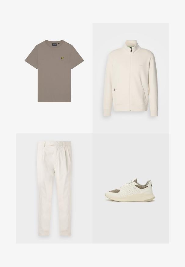 Hosszú ujjú, álló galléros, krémfehér cipzáras dzseki, oldalsó zsebekkel és diszkrét "BOSS" logóval a bal mellrészen.; Póló rövid ujjakkal, pamutból készült. A bal mellrészen található egy apró sárga hímzett logó. Klasszikus kerek nyakú kialakítás.; Fehér, pliszírozott nadrág, testre szabott szabással, sima felülettel, övhurkokkal és karcsú lábszárral. Nincs látható zseb vagy minta.; Fehér és világos bézs sportcipő, légies hálós felsőrésszel, perforált részletekkel és texturált középtalppal, amelyen a saroknál a márka logója található.