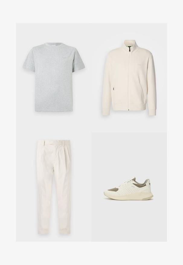 Oficialiai balta zip-up striukė su stovinčia apykakle, ilgomis rankovėmis, šoninėmis kišenėmis ir subtiliu "BOSS" logotipu kairėje krūtinės pusėje.; Pilkos spalvos medvilnės marškinėliai trumpomis rankovėmis, tiesaus kirpimo, su subtiliu logotipu krūtinėje. Minkšta tekstūra su paprastu dizainu.; Balti, susiūtos kelnes, turinčios pritaikytą siluetą, pasižyminčias lygia tekstūra, dirželio kilpomis ir siaurėjančiomis kojomis. Nėra matomų kišenių ar raštų.; Baltas ir šviesiai bežinis sportinis kedas, su tinklo viršumi, perforuotais detalėmis ir tekstūruotu tarpine su logotipu ant kulno.