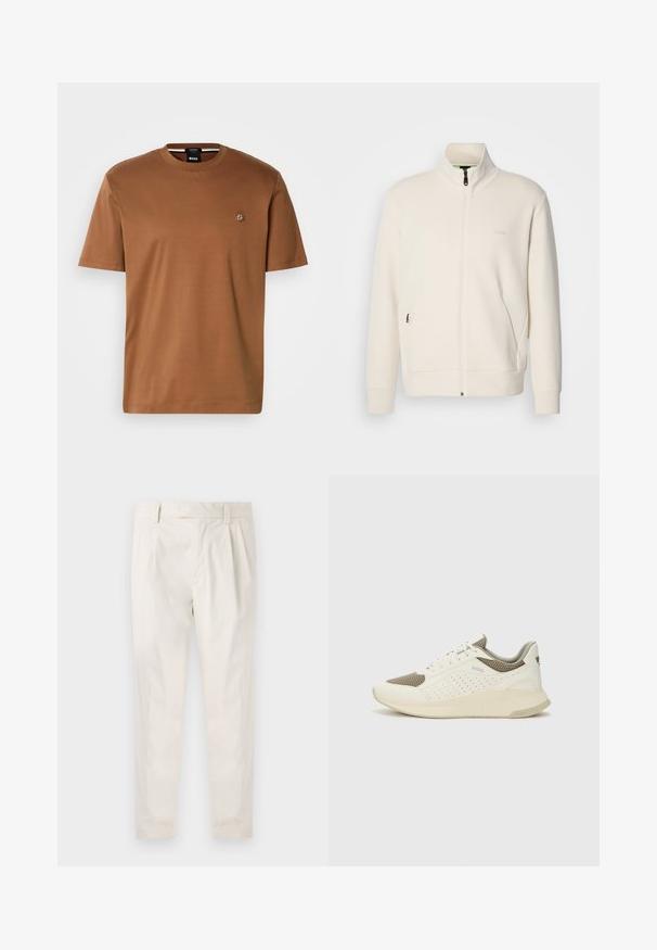 Hosszú ujjú, álló galléros, krémfehér cipzáras dzseki, oldalsó zsebekkel és diszkrét "BOSS" logóval a bal mellrészen.; Barna, rövid ujjú póló, puha anyagból, kerek nyakkal és egy kis logós emblémával a mellkason. Simább textúra.; Fehér, pliszírozott nadrág, testre szabott szabással, sima felülettel, övhurkokkal és karcsú lábszárral. Nincs látható zseb vagy minta.; Fehér és világos bézs sportcipő, légies hálós felsőrésszel, perforált részletekkel és texturált középtalppal, amelyen a saroknál a márka logója található.