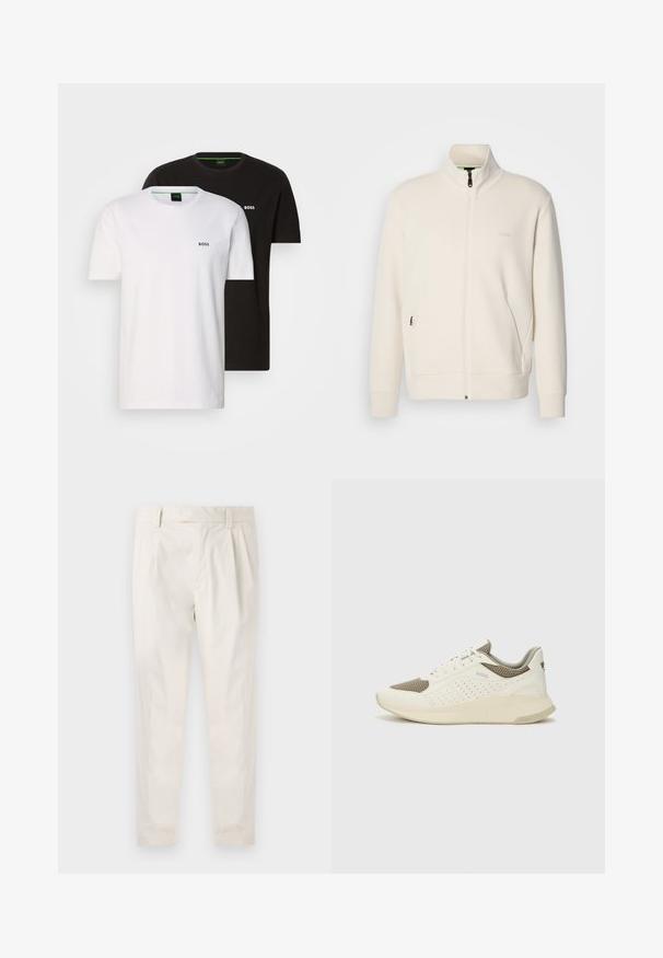 Krémová bunda na zips so stojatým golierom, dlhými rukávmi, bočnými vreckami a jemným logom "BOSS" na ľavej hrudi.; Dve bavlnené tričká v čiernej a bielej farbe, so okrúhlym výstrihom a malým logom na hrudi. Obe majú krátke rukávy a rovný strih.; Biele plisované nohavice s prispôsobeným strihom, s hladkou textúrou, pútkami na opasok a zúženými nohavicami. Žiadne viditeľné vrecká ani vzory.; Biele a svetlo béžové športové tenisky s hornou časťou z mriežkového materiálu, perforovanými detailmi a textúrovanou medzipodrážkou s logom na päte.