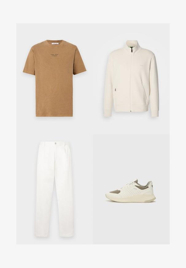 Off-white Zip-Jacke mit Stehkragen, langen Ärmeln, Seitentaschen und dezenter "BOSS"-Logo auf der linken Brust.; Braunes Baumwoll-T-Shirt mit Rundhalsausschnitt, kurzen Ärmeln und schwarzem Text "SAMSE SAMSE KOPENHAGEN" auf der Vorderseite.; Weiße Hose aus glattem Gewebe, mit geradem Bein, Vorderfalten und einem einzelnen Knopfverschluss an der Taille.; Weiße und hellbeige Sport Sneakers, ausgestattet mit einem Obermaterial aus Netzgewebe, perforierten Details und einer strukturierten Zwischensohle mit Branding an der Ferse.