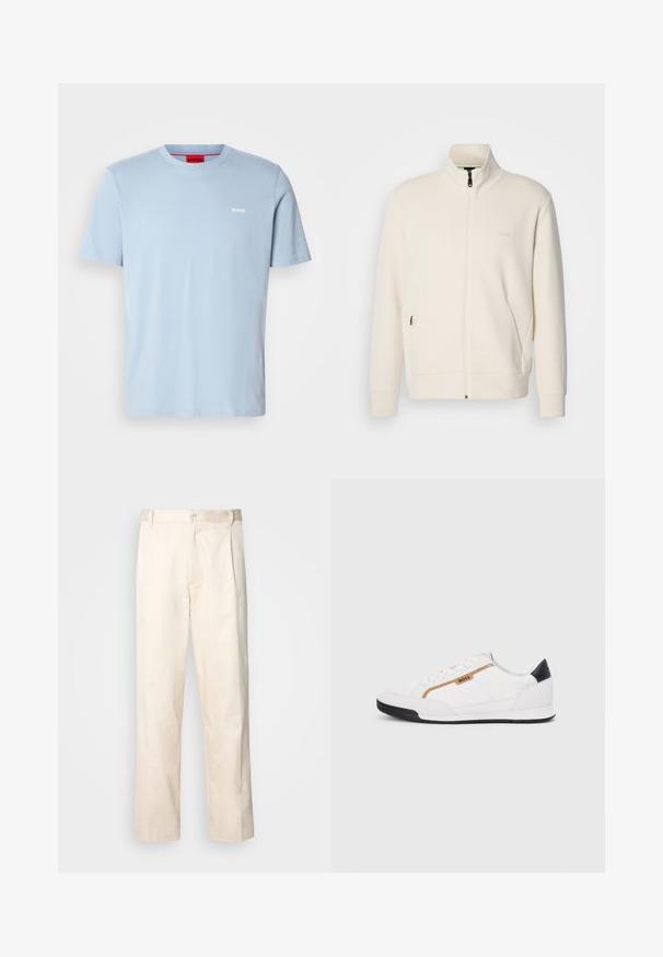 Off-white zip-up jacka med ståkrage, långa ärmar, sidofickor och subtil "BOSS"-logotyp på vänster bröst.; Ljusblå bomullströja med rundad halsringning och korta ärmar. Har en vit logotyp "HUGO" på bröstet och en röd inneretikett.; Beiga bomullbyxor med rak benform, utrustade med knappstängning och veck framtill för extra detalj.; Vita sportskor i vitt med inslag av nät och läder. Har en gyllene "BOSS"-logotyp, texturerade sidopaneler och en svart hälkap. Gummisula.
