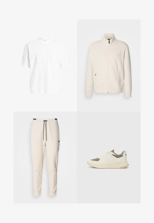 Hosszú ujjú, álló galléros, krémfehér cipzáras dzseki, oldalsó zsebekkel és diszkrét "BOSS" logóval a bal mellrészen.; Fehér pamut póló rövid ujjal és kerek nyakkal. Az elején textúrázott „A.SAINTS” és „LONDON” felirattal rendelkezik, diszkrét, kiemelt stílusban.; Krém színű jogger nadrág, elasztikus derékkal és húzózsinórral, fekete kiegészítőkkel, tapered (felfelé keskenyedő) lábakkal és oldalsó zsebekkel.; Fehér és világos bézs sportcipő, légies hálós felsőrésszel, perforált részletekkel és texturált középtalppal, amelyen a saroknál a márka logója található.