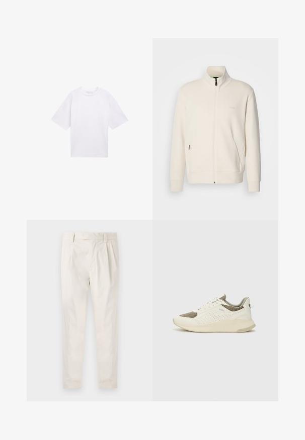 Off-white zip-up jacket with stand collar, long sleeves, side pockets, and subtle "BOSS" logo on the left chest.; White short-sleeve T-shirt made of cotton. Relaxed fit with a crew neckline. Smooth texture and no visible patterns or accents.; White, pleated trousers with a tailored fit, featuring a smooth texture, belt loops, and tapered legs. No visible pockets or patterns.; White and light beige athletic sneaker, featuring a mesh upper, perforated detailing, and a textured midsole with branding on the heel.