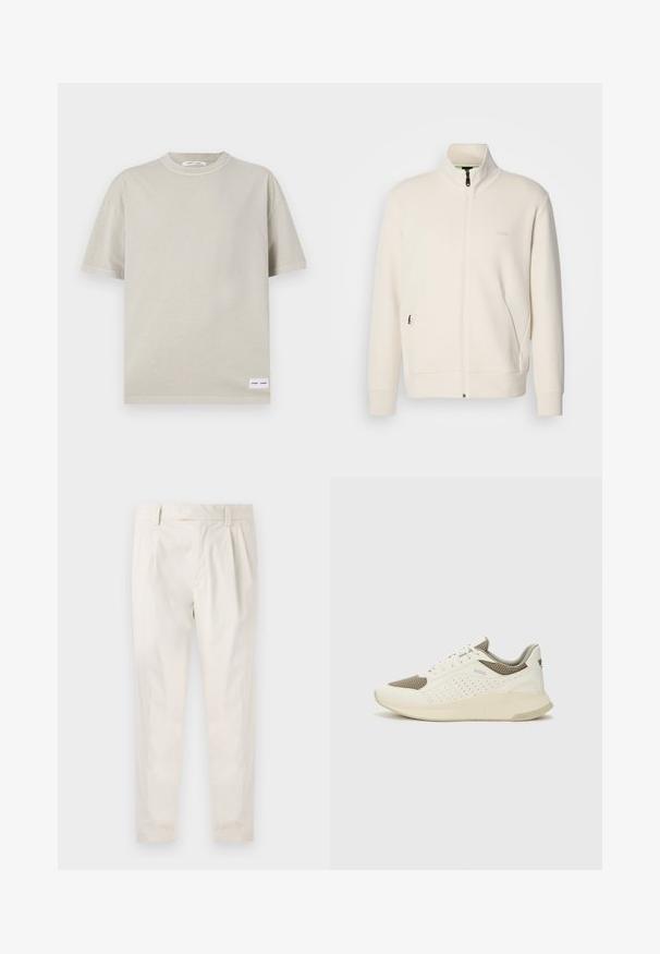 Giacca zip-up bianco sporco con colletto alto, maniche lunghe, tasche laterali e sottile logo "BOSS" sul lato sinistro del petto.; T-shirt beige chiaro a maniche corte realizzato in tessuto morbido, con scollatura rotonda e una piccola etichetta in basso a sinistra.; Pantaloni bianchi plissettati con taglio su misura, caratterizzati da una texture liscia, passanti per la cintura e gambe affusolate. Nessuna tasca o motivo visibile.; Sneaker atletica bianca e beige chiaro, con tomaia in mesh, dettagli perforati e una suola intermedia texturizzata con marchio sul tallone.