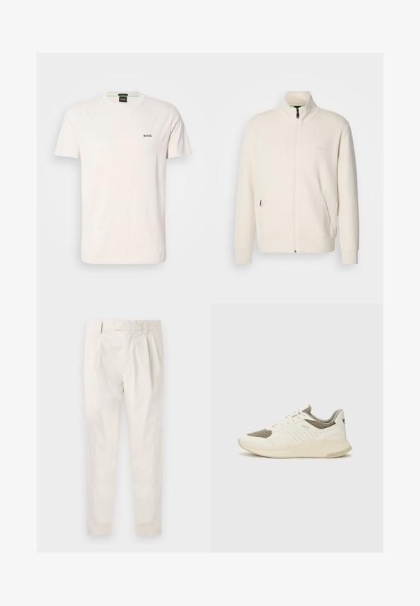 Off-white zip-up jacket with stand collar, long sleeves, side pockets, and subtle "BOSS" logo on the left chest.; Cotton t-shirt in off-white with a crew neckline. Features a small black "BOSS" logo on the chest. Regular fit and short sleeves.; White, pleated trousers with a tailored fit, featuring a smooth texture, belt loops, and tapered legs. No visible pockets or patterns.; White and light beige athletic sneaker, featuring a mesh upper, perforated detailing, and a textured midsole with branding on the heel.