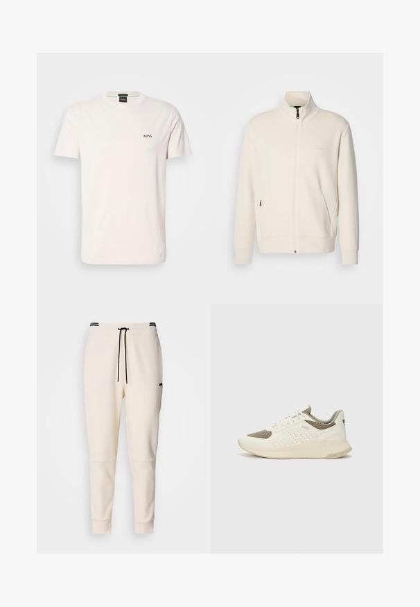 Kurtka zapinana na zamek w kolorze off-white z stójką, długimi rękawami, bocznymi kieszeniami oraz subtelnym logo "BOSS" na lewej piersi.; Bawełniana koszulka w odcieniu off-white z okrągłym dekoltem. Posiada małe czarne logo "BOSS" na piersi. Standardowy krój oraz krótkie rękawy.; Joggerki w kolorze kremowym z elastycznym paskiem w talii z troczkiem, czarnymi akcentami, zwężanymi nogawkami oraz bocznymi kieszeniami.; Białe i jasnobeżowe sneakersy sportowe, z siateczkową cholewką, perforowanymi detalami oraz teksturowaną podeszwą śródstopia z brandingiem na pięcie.