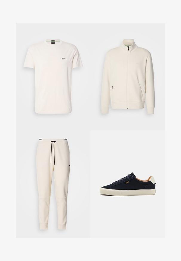 Lysbeige zip-up jakke med ståkrave, lange ærmer, sidelommer og diskret "BOSS" logo på venstre bryst.; Cotton t-shirt i off-white med rund halsudskæring. Har et lille sort "BOSS" logo på brystet. Normal pasform og korte ærmer.; Cremefarvede joggerbukser med elastisk talje og snøre, sorte detaljer, smalle ben og sidelommer.; Mørkeblå ruskinds lavtoppede sneakers med beige sål, kontrastfyldt tan-intern og logo-detalje på den udvendige side. Funktioner rundsnøre og en glat tekstur.