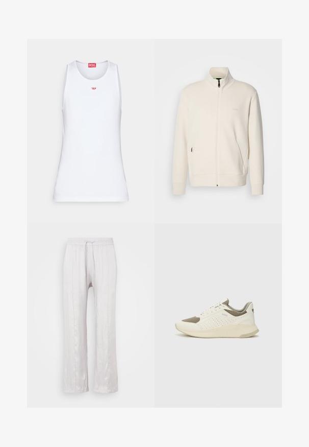 Casaco com fecho éclair em tom off-white, com colarinho elevado, mangas longas, bolsos laterais e um discreto logótipo "BOSS" no lado esquerdo do peito.; Camiseta branca de alças feita de tecido liso. Apresenta um decote redondo e um pequeno logótipo vermelho "D" ao centro.; Calças largas em cinza claro, em tecido suave, com um cós elástico e cordão. Pernas retas com pregas subtis, sem padrões visíveis.; Sapatilha atlética branca e bege claro, com parte superior em malha, detalhes perfurados e uma entressola texturizada com marcação no calcanhar.