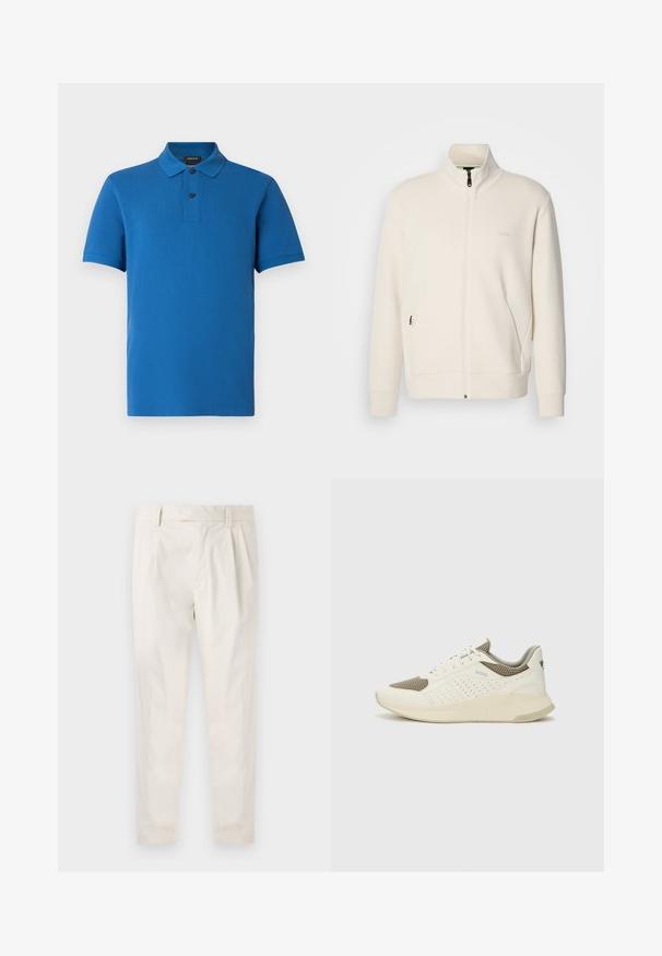 Off-white krūškurvja jaka ar uzacīšu apkakli, garām piedurknēm, sānu kabatām un diskrētu "BOSS" logo uz kreisā krūškurvja.; Zils īss piedurkņu polo krekls ar apkakli, divas melnas pogas, regulāra piegriezuma, ar smalku "BOSS" logotipu kreisajā krūšu daļā.; Baltas, pleitēts bikses ar piegriezumu, kas pielāgots figūrai, ar gludu tekstūru, jostas cilpām un sašaurinātiem galiem. Nav redzamu kabatu vai rakstu.; Baltas un gaiši bež sporta apavi, ar sieta augšdaļu, perforētiem detaļām un teksturētu vidusdaļu ar zīmolu uz papēža.