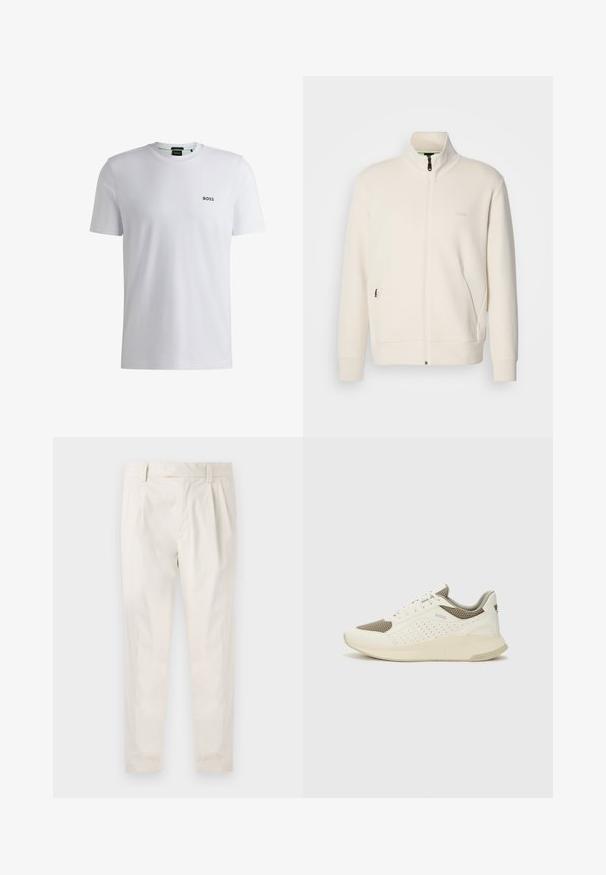Hosszú ujjú, álló galléros, krémfehér cipzáras dzseki, oldalsó zsebekkel és diszkrét "BOSS" logóval a bal mellrészen.; Fehér, rövid ujjú pamut póló, kerek nyakkivágással. Az elején kis fekete "BOSS" logó látható. Sima textúra.; Fehér, pliszírozott nadrág, testre szabott szabással, sima felülettel, övhurkokkal és karcsú lábszárral. Nincs látható zseb vagy minta.; Fehér és világos bézs sportcipő, légies hálós felsőrésszel, perforált részletekkel és texturált középtalppal, amelyen a saroknál a márka logója található.