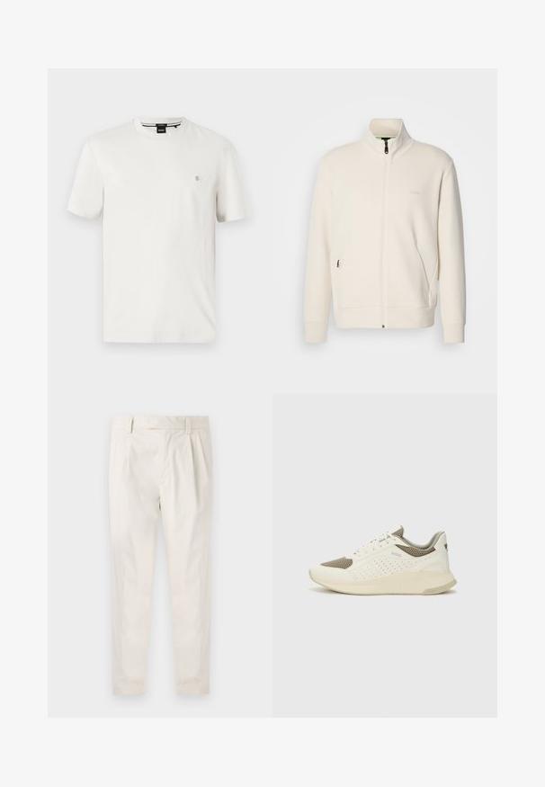 Off-white zip-up jakke med stående krage, lange ermer, sidelommer og diskré "BOSS" logo på venstre bryst.; Hvit bomulls T-skjorte med rund hals, korte ermer og et lite logo-patch på venstre bryst. Glatt tekstur, normal passform.; Hvite, pregede bukser med skreddersydd passform, som har en jevn tekstur, beltehemper og avsmalnende ben. Ingen synlige lommer eller mønstre.; Hvit og lysebeige treningssko, med en mesh-overdel, perforerte detaljer og en teksturert mellomsåle med merkevare på hælen.