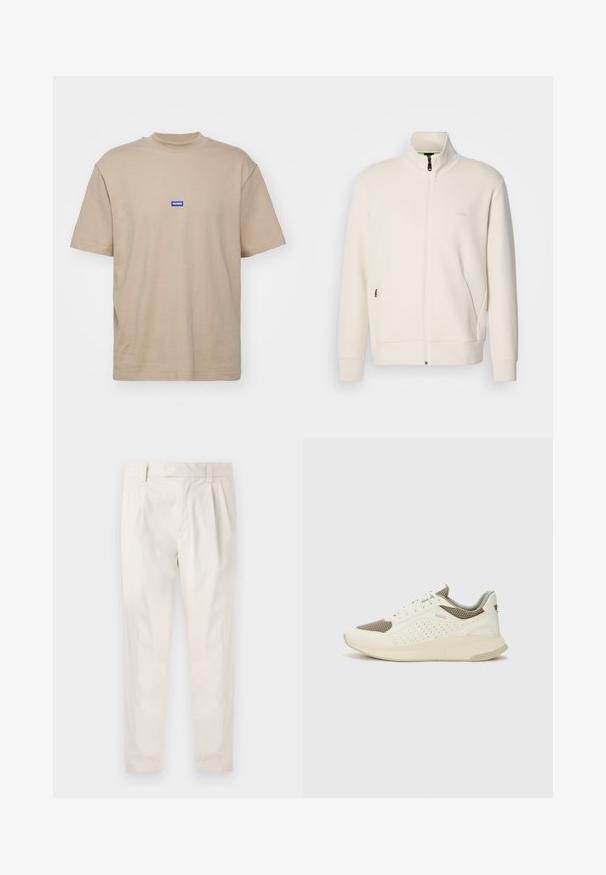 Krémová zipová bunda s vysokým límcem, dlouhými rukávy, bočními kapsami a jemným logem "BOSS" na levé části hrudi.; Béžové bavlněné tričko s vysokým výstřihem, krátkými rukávy a malým modrým obdélníkovým logem s nápisem "HUGO" na hrudi.; Bílé, plisované kalhoty s upraveným střihem, které mají hladkou texturu, poutka na opasek a zúžené nohavice. Bez viditelných kapes nebo vzorů.; Bílé a světle béžové atletické tenisky, které mají síťovaný svršek, perforované detaily a texturovanou mezipodešev s logem na patě.