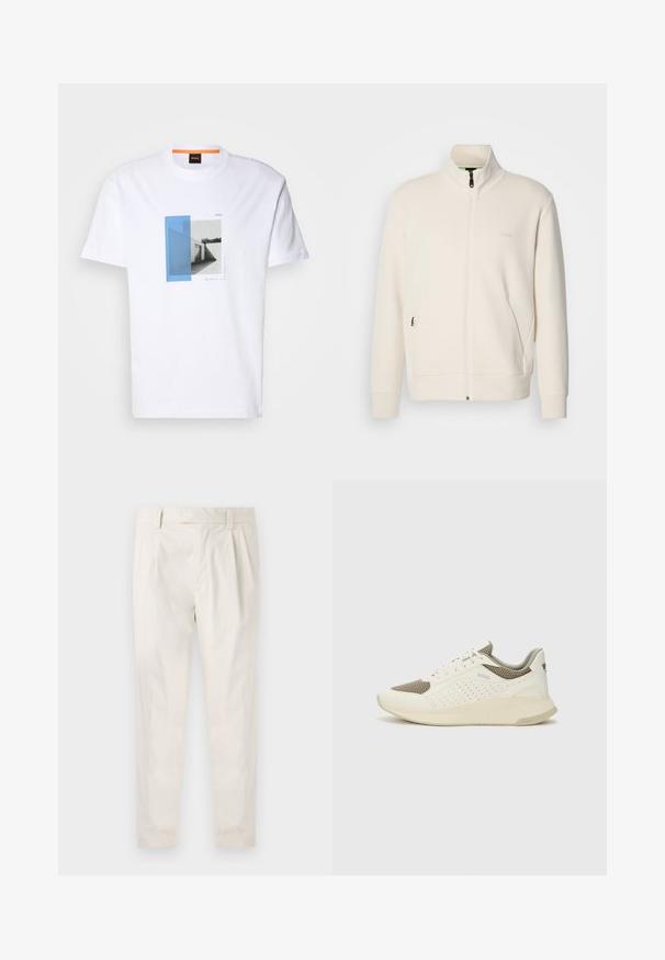 Krémová zipová bunda s vysokým límcem, dlouhými rukávy, bočními kapsami a jemným logem "BOSS" na levé části hrudi.; Bílá bavlněná tričko s grafickým designem obsahujícím modré a šedé obdélníky a monochromatickou architektonickou ilustraci. Značka: BOSS.; Bílé, plisované kalhoty s upraveným střihem, které mají hladkou texturu, poutka na opasek a zúžené nohavice. Bez viditelných kapes nebo vzorů.; Bílé a světle béžové atletické tenisky, které mají síťovaný svršek, perforované detaily a texturovanou mezipodešev s logem na patě.