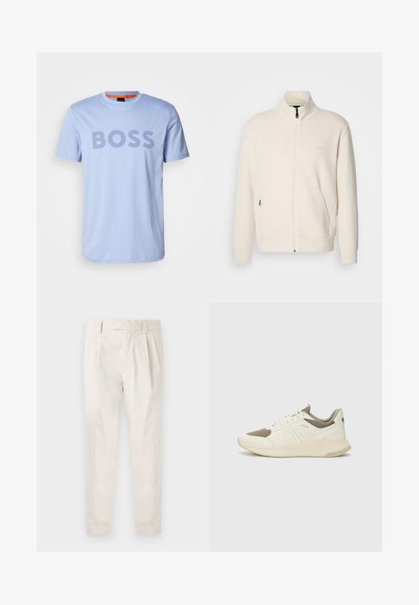Off-white krūškurvja jaka ar uzacīšu apkakli, garām piedurknēm, sānu kabatām un diskrētu "BOSS" logo uz kreisā krūškurvja.; Gaiši zils kokvilnas T-krekls ar apaļu kakla izgriezumu un īsām piedurknēm, kurā izcilā tumši purpursarkanā krāsā ir redzams vārds "BOSS".; Baltas, pleitēts bikses ar piegriezumu, kas pielāgots figūrai, ar gludu tekstūru, jostas cilpām un sašaurinātiem galiem. Nav redzamu kabatu vai rakstu.; Baltas un gaiši bež sporta apavi, ar sieta augšdaļu, perforētiem detaļām un teksturētu vidusdaļu ar zīmolu uz papēža.