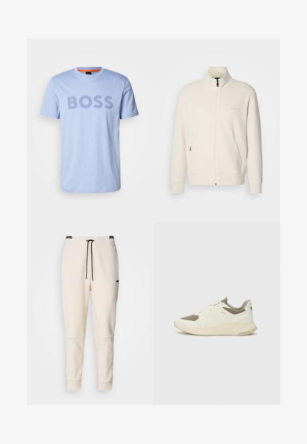 Off-white krūškurvja jaka ar uzacīšu apkakli, garām piedurknēm, sānu kabatām un diskrētu "BOSS" logo uz kreisā krūškurvja.; Gaiši zils kokvilnas T-krekls ar apaļu kakla izgriezumu un īsām piedurknēm, kurā izcilā tumši purpursarkanā krāsā ir redzams vārds "BOSS".; Kreminkrāsas joggeri ar elastīgu jostasvīru un šnurēšanu, melniem akcentiem, sašaurinātiem biksēm un sānu kabatām.; Baltas un gaiši bež sporta apavi, ar sieta augšdaļu, perforētiem detaļām un teksturētu vidusdaļu ar zīmolu uz papēža.