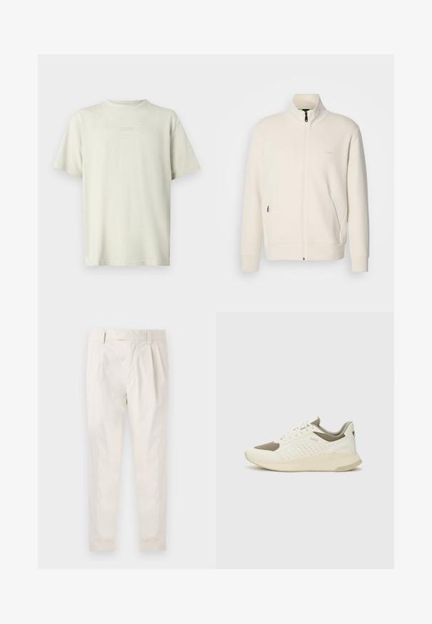 Giacca zip-up bianco sporco con colletto alto, maniche lunghe, tasche laterali e sottile logo "BOSS" sul lato sinistro del petto.; T-shirt beige chiaro in cotone, con scollo tondo e maniche corte. La parola "BOSS" è ricamata in un colore tono su tono discreto.; Pantaloni bianchi plissettati con taglio su misura, caratterizzati da una texture liscia, passanti per la cintura e gambe affusolate. Nessuna tasca o motivo visibile.; Sneaker atletica bianca e beige chiaro, con tomaia in mesh, dettagli perforati e una suola intermedia texturizzata con marchio sul tallone.
