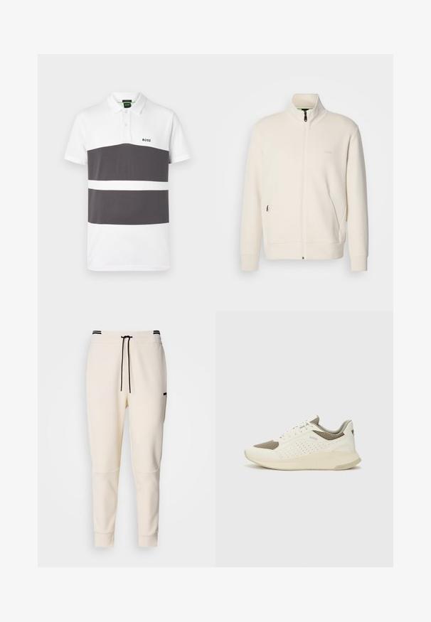Lysbeige zip-up jakke med ståkrave, lange ærmer, sidelommer og diskret "BOSS" logo på venstre bryst.; Polo t-shirt i hvid og mørkegrå med tre vandrette striber. Har en klassisk krave, korte ærmer og et lille logo på brystet.; Cremefarvede joggerbukser med elastisk talje og snøre, sorte detaljer, smalle ben og sidelommer.; Hvide og lyse beige sportssko med en mesh-overdel, perforerede detaljer og en tekstureret mellemsål med branding på hælen.