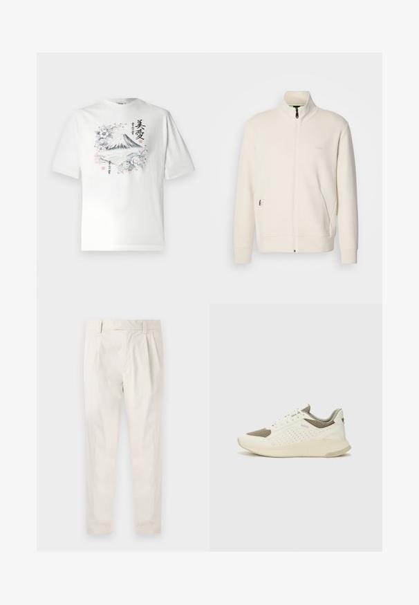 Krémová zipová bunda s vysokým límcem, dlouhými rukávy, bočními kapsami a jemným logem "BOSS" na levé části hrudi.; Bílý bavlněný tričko s krátkými rukávy, na kterém je grafika hory Fuji obklopené květinami a japonským textem v multicolorovém designu.; Bílé, plisované kalhoty s upraveným střihem, které mají hladkou texturu, poutka na opasek a zúžené nohavice. Bez viditelných kapes nebo vzorů.; Bílé a světle béžové atletické tenisky, které mají síťovaný svršek, perforované detaily a texturovanou mezipodešev s logem na patě.