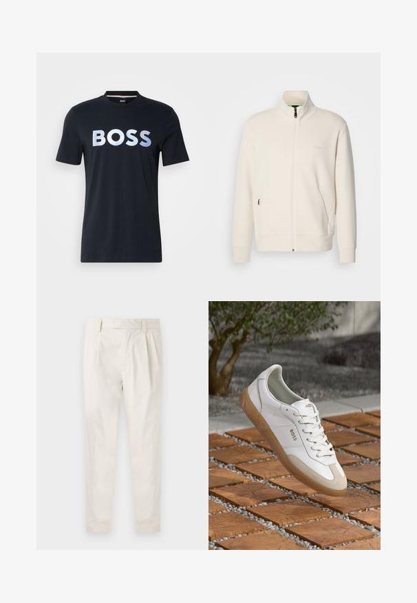 Off-white krūškurvja jaka ar uzacīšu apkakli, garām piedurknēm, sānu kabatām un diskrētu "BOSS" logo uz kreisā krūškurvja.; Melna kokvilnas t-krekls ar lielu metalizētu gradienta "BOSS" logotipu uz krūšu. Apļa kakla izstrādājums un īsas piedurknes.; Baltas, pleitēts bikses ar piegriezumu, kas pielāgots figūrai, ar gludu tekstūru, jostas cilpām un sašaurinātiem galiem. Nav redzamu kabatu vai rakstu.; Baltas ādas kedas ar bēšiem zamšādām, ar apaļu purngalu, auklām priekšā un brūnu gumijas zoli, uz kuras redzams zīmola nosaukums "BOSS".