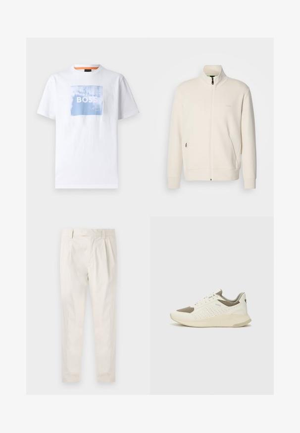 Off-white zip-up jacket with stand collar, long sleeves, side pockets, and subtle "BOSS" logo on the left chest.; White cotton T-shirt featuring a blue square graphic with the word "BOSS" in bold white letters, short sleeves, and a crew neck design.; White, pleated trousers with a tailored fit, featuring a smooth texture, belt loops, and tapered legs. No visible pockets or patterns.; White and light beige athletic sneaker, featuring a mesh upper, perforated detailing, and a textured midsole with branding on the heel.