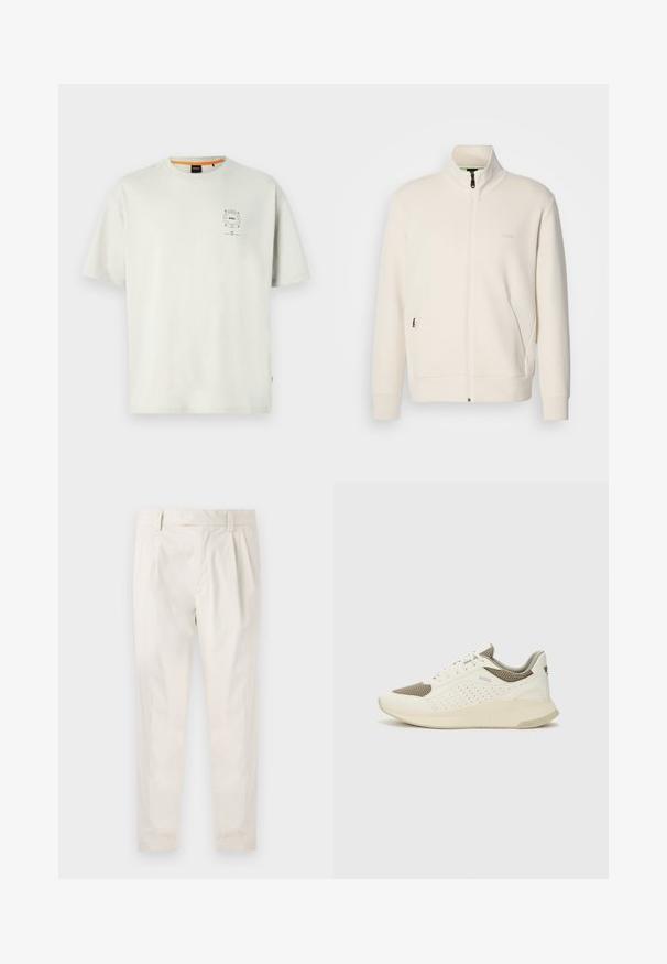 Oficialiai balta zip-up striukė su stovinčia apykakle, ilgomis rankovėmis, šoninėmis kišenėmis ir subtiliu "BOSS" logotipu kairėje krūtinės pusėje.; Šviesiai pilkas medvilnės marškinėliai su trumpomis rankovėmis, apvaliu iškirpimu ir nedideliu logotipo grafiku ant krūtinės. Yra kontrastinga oranžinė vidinė iškirpė.; Balti, susiūtos kelnes, turinčios pritaikytą siluetą, pasižyminčias lygia tekstūra, dirželio kilpomis ir siaurėjančiomis kojomis. Nėra matomų kišenių ar raštų.; Baltas ir šviesiai bežinis sportinis kedas, su tinklo viršumi, perforuotais detalėmis ir tekstūruotu tarpine su logotipu ant kulno.