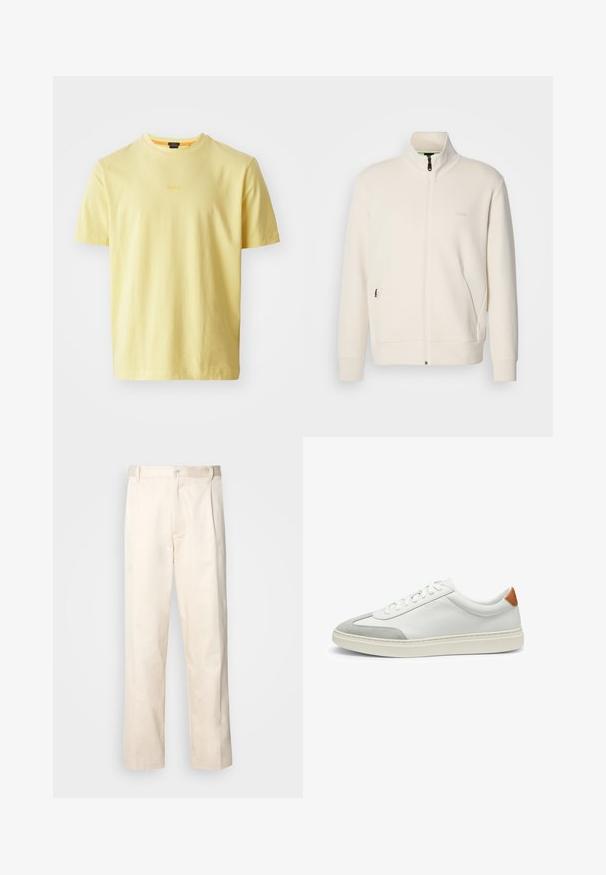 Off-white zip-up jacket with stand collar, long sleeves, side pockets, and subtle "BOSS" logo on the left chest.; Light yellow cotton t-shirt with a round neck and short sleeves. Features a subtle "BOSS" logo in the center. Soft texture, casual fit.; Beige cotton trousers with a straight-leg cut, featuring a button closure and pleats at the front for added detail.; White leather sneakers with gray suede accents and a tan leather heel tab. Features a textured surface and lightweight sole.