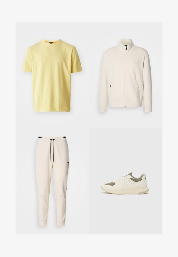 Oficialiai balta zip-up striukė su stovinčia apykakle, ilgomis rankovėmis, šoninėmis kišenėmis ir subtiliu "BOSS" logotipu kairėje krūtinės pusėje.; Šviesiai geltona medvilninė marškinė su apvaliu kaklu ir trumpomis rankovėmis. Centerje yra subtilus "BOSS" logotipas. Švelnus tekstūros, laisvas fasonas.; Sviestinės spalvos džinsai su elastine juostele ir raišteliu, juodais akcentais, siaurėjančiomis kojomis ir šoninėmis kišenėmis.; Baltas ir šviesiai bežinis sportinis kedas, su tinklo viršumi, perforuotais detalėmis ir tekstūruotu tarpine su logotipu ant kulno.