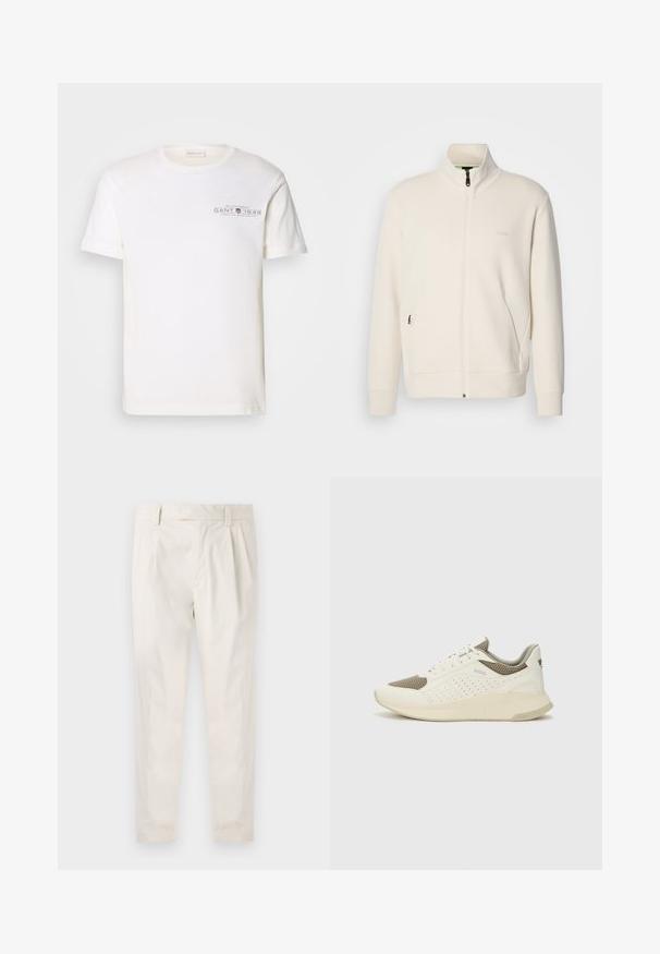 Off-white zip-up jack met staande kraag, lange mouwen, zijzakken en een subtiele "BOSS" logo op de linkerborst.; Witte katoenen t-shirt met ronde hals, korte mouwen en een bedrukt logo. Heeft een minimalistisch design en een relaxte pasvorm.; Witte, geplooide broeken met een getailleerde pasvorm, met een gladde textuur, riemlussen en taps toelopende benen. Geen zichtbare zakken of patronen.; Witte en lichtbeige sport sneaker, met een bovenwerk van mesh, geperforeerde details en een gestructureerde tussenzool met branding op de hiel.