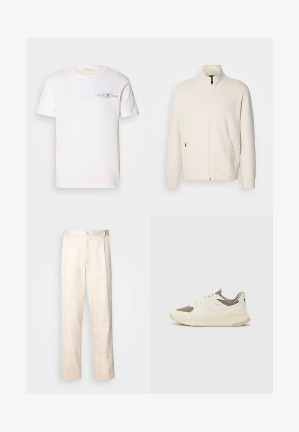 Veste zippée beige clair avec col montant, manches longues, poches latérales et logo "BOSS" discret sur la poitrine gauche.; T-shirt en coton blanc avec un col rond, des manches courtes et un logo imprimé. Présente un design minimaliste et une coupe décontractée.; Pantalon en coton beige avec une coupe droite, présentant une fermeture à bouton et des plis sur le devant pour plus de détails.; Basket de sport blanche et beige clair, avec une tige en maille, des détails perforés et une semelle intermédiaire texturée avec un logo sur le talon.