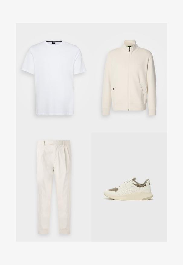 Off-white krūškurvja jaka ar uzacīšu apkakli, garām piedurknēm, sānu kabatām un diskrētu "BOSS" logo uz kreisā krūškurvja.; Balta kokvilnas T-kreklā ar apaļu kakla izgriezumu un īsām piedurknēm. Satur smalku zīmola etiķeti kaklā. Gluda tekstūra, klasiskā piegriezuma.; Baltas, pleitēts bikses ar piegriezumu, kas pielāgots figūrai, ar gludu tekstūru, jostas cilpām un sašaurinātiem galiem. Nav redzamu kabatu vai rakstu.; Baltas un gaiši bež sporta apavi, ar sieta augšdaļu, perforētiem detaļām un teksturētu vidusdaļu ar zīmolu uz papēža.