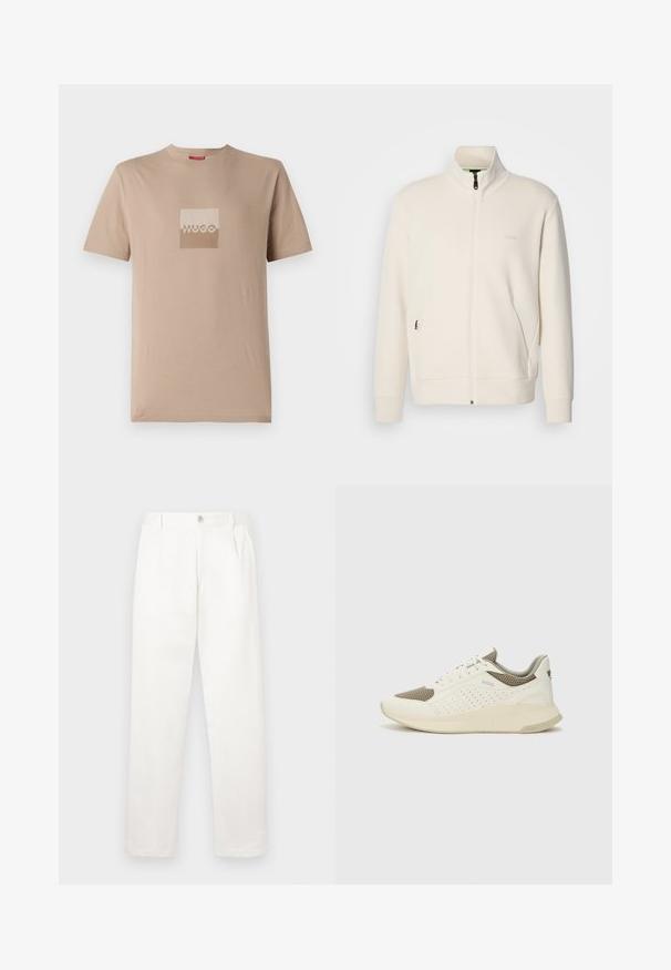 Off-white krūškurvja jaka ar uzacīšu apkakli, garām piedurknēm, sānu kabatām un diskrētu "BOSS" logo uz kreisā krūškurvja.; Beige T-krekls, izgatavots no kokvilnas, ar kvadrātveida logotipu baltā un gaiši brūnā krāsā. Īsas piedurknes, apaļa kakla izgriezums, parasta piegriezuma.; Baltas bikses, izgatavotas no gludas auduma, ar taisnu kāju dizainu, priekšējiem krokām un vienu pogu aizdari jostasvietā.; Baltas un gaiši bež sporta apavi, ar sieta augšdaļu, perforētiem detaļām un teksturētu vidusdaļu ar zīmolu uz papēža.