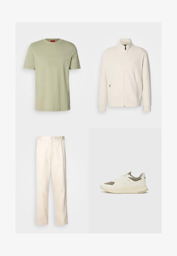 Valkoinen vetoketjullinen takki, jossa on pystykaulus, pitkät hihat, sivutaskut ja huomaamaton "BOSS"-logo vasemmassa rinnassa.; Vaaleanvihreä puuvillapaita, jossa on pyöreä pääntie. Etuosassa on brodeerattu "HU GO" -logo samanvärisenä. Lyhyet hihat.; Vaaleanbeige puuvillahousut, joissa on suora lahje, varustettu nappisulkeisella ja etupuolella olevilla laskoksilla lisäyksinä.; Valkoinen ja vaaleanbeige urheilukengät, joissa on verkkomateriaali yläosa, rei'itettyjä yksityiskohtia ja teksturoitu välipohja, jossa on brändäys kantapäässä.