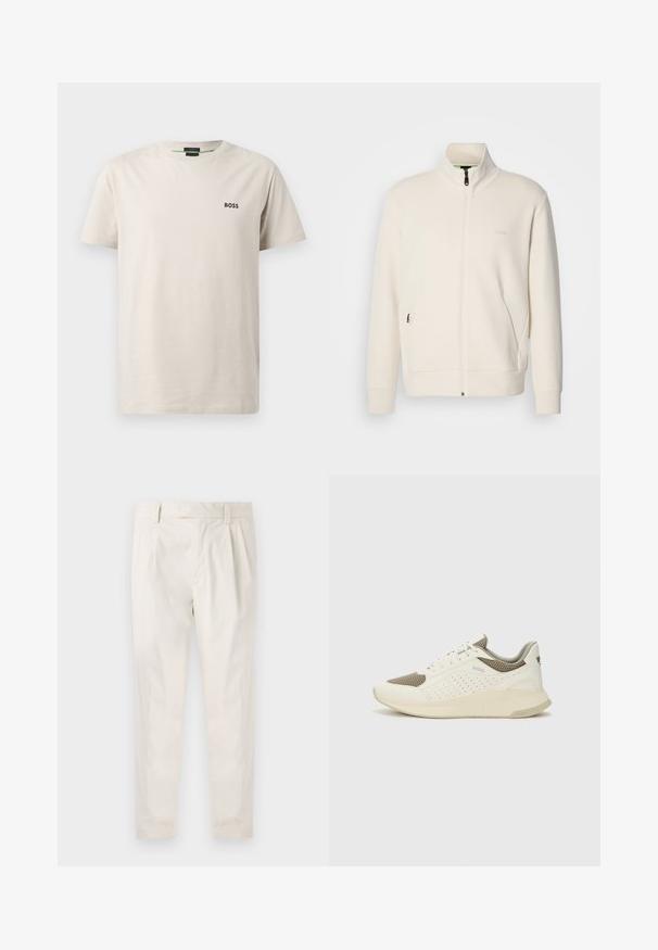 Off-white zip-up jacket with stand collar, long sleeves, side pockets, and subtle "BOSS" logo on the left chest.; Light beige cotton T-shirt with a crew neck, short sleeves, and a small black "BOSS" logo on the left chest. Smooth texture.; White, pleated trousers with a tailored fit, featuring a smooth texture, belt loops, and tapered legs. No visible pockets or patterns.; White and light beige athletic sneaker, featuring a mesh upper, perforated detailing, and a textured midsole with branding on the heel.