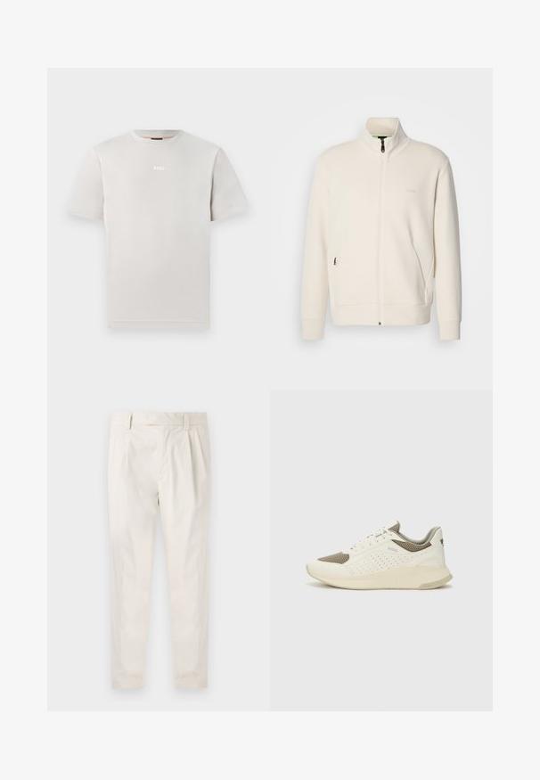 Jachetă crem cu fermoar, cu guler înalt, mâneci lungi, buzunare laterale și logo-ul subtil "BOSS" pe pieptul stâng.; Tricou din bumbac gri deschis, cu gât rotund și mâneci scurte. Prezintă un mic logo alb „BOSS” în zona pieptului.; Pantaloni albi plisati, cu o croială ajustată, având o textură netedă, bucle pentru curea și picioare conice. Fără buzunare vizibile sau modele.; Tenis sportivi alb și bej deschis, cu un înveliș din plasă, detalii perforate și o talpă intermediară texturată, având marcaj pe călcâi.