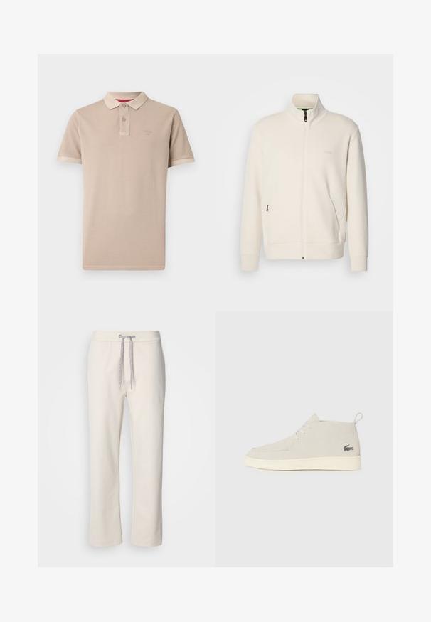 Off-white zip-up jakke med stående krage, lange ermer, sidelommer og diskré "BOSS" logo på venstre bryst.; Beige polo skjorte laget av myk stoff, med klassisk krage, to knappelukking, korte ermer og en subtil logo på brystet.; Kremfargede kosebukser med snor i livet og rette ben, vist mot en enkel hvit bakgrunn.; Lys grå semsket ankelstøvler med rund tå, hvit gummisåle og subtil logo-detalj på siden. Har snøring.