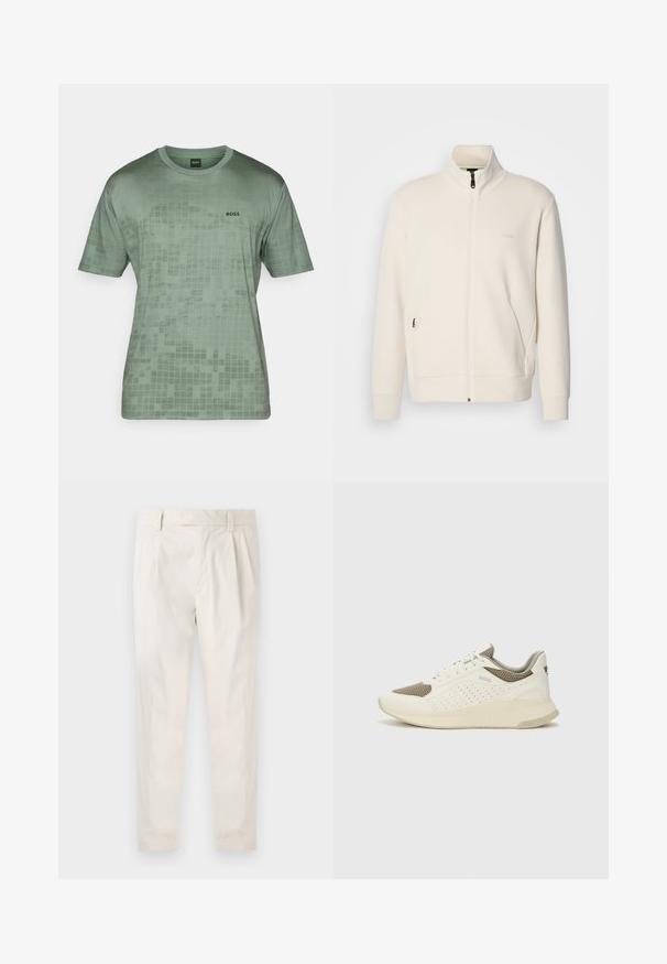 Hosszú ujjú, álló galléros, krémfehér cipzáras dzseki, oldalsó zsebekkel és diszkrét "BOSS" logóval a bal mellrészen.; Zöld, rövid ujjú póló sima anyagból, rácsos mintázattal és fekete "BOSS" logóval a bal mellrészen.; Fehér, pliszírozott nadrág, testre szabott szabással, sima felülettel, övhurkokkal és karcsú lábszárral. Nincs látható zseb vagy minta.; Fehér és világos bézs sportcipő, légies hálós felsőrésszel, perforált részletekkel és texturált középtalppal, amelyen a saroknál a márka logója található.