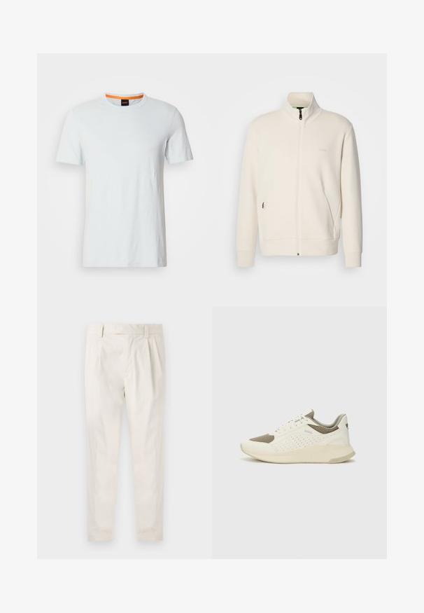 Off-white zip-up jakke med stående krage, lange ermer, sidelommer og diskré "BOSS" logo på venstre bryst.; Lyseblå t-skjorte med korte ermer laget av myk stoff, med rund halslinning og oransje innerkant, samt en subtil logo på framsiden.; Hvite, pregede bukser med skreddersydd passform, som har en jevn tekstur, beltehemper og avsmalnende ben. Ingen synlige lommer eller mønstre.; Hvit og lysebeige treningssko, med en mesh-overdel, perforerte detaljer og en teksturert mellomsåle med merkevare på hælen.