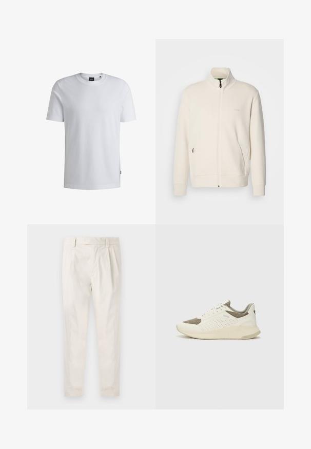 Off-white krūškurvja jaka ar uzacīšu apkakli, garām piedurknēm, sānu kabatām un diskrētu "BOSS" logo uz kreisā krūškurvja.; Balts īsām piedurknēm T-krekls, izgatavots no teksturēta auduma, ar apaļu kakla izgriezumu un mazu logo birku sānos.; Baltas, pleitēts bikses ar piegriezumu, kas pielāgots figūrai, ar gludu tekstūru, jostas cilpām un sašaurinātiem galiem. Nav redzamu kabatu vai rakstu.; Baltas un gaiši bež sporta apavi, ar sieta augšdaļu, perforētiem detaļām un teksturētu vidusdaļu ar zīmolu uz papēža.