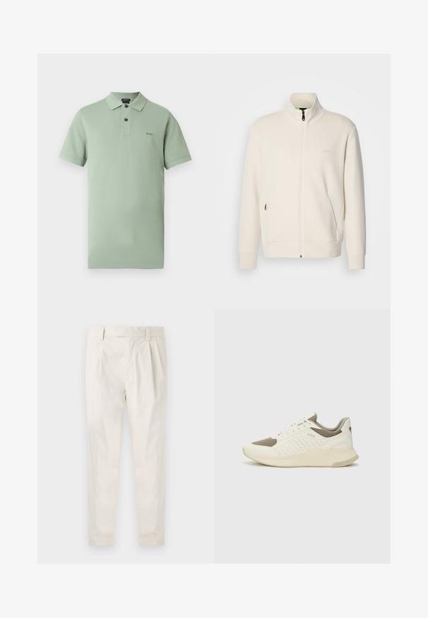 Off-white zip-up jacket with stand collar, long sleeves, side pockets, and subtle "BOSS" logo on the left chest.; Light green polo shirt made of cotton, featuring a collar, short sleeves, and a three-button placket. BOSS logo embroidered on chest.; White, pleated trousers with a tailored fit, featuring a smooth texture, belt loops, and tapered legs. No visible pockets or patterns.; White and light beige athletic sneaker, featuring a mesh upper, perforated detailing, and a textured midsole with branding on the heel.