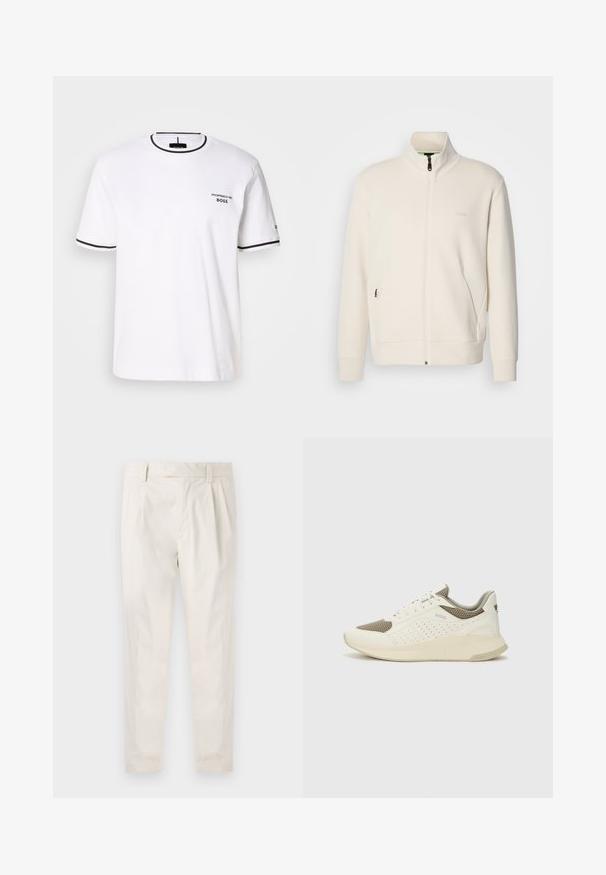 Off-white zip-up jakke med stående krage, lange ermer, sidelommer og diskré "BOSS" logo på venstre bryst.; Hvit bomulls t-skjorte med svart kant på kragen og ermer. Har en liten svart logo som leser "Porsche BOSS" på venstre bryst.; Hvite, pregede bukser med skreddersydd passform, som har en jevn tekstur, beltehemper og avsmalnende ben. Ingen synlige lommer eller mønstre.; Hvit og lysebeige treningssko, med en mesh-overdel, perforerte detaljer og en teksturert mellomsåle med merkevare på hælen.